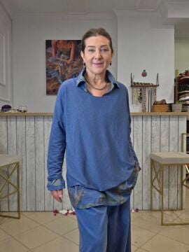 Fularlı İnce İtalyan Triko Bluz Denim Mavi