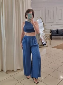 Halter Yaka Fitilli Kaşkorse Crop Mavi