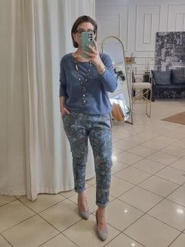 Çiçek Desen Likralı İtalyan Pantolon Denim