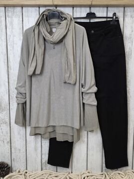 Fularlı İnce Triko İtalyan Bluz Vizon