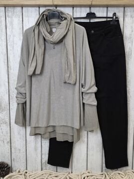 Fularlı İnce Triko İtalyan Bluz Vizon