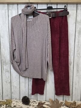 Kemerli Kadife Pantolon Bordo