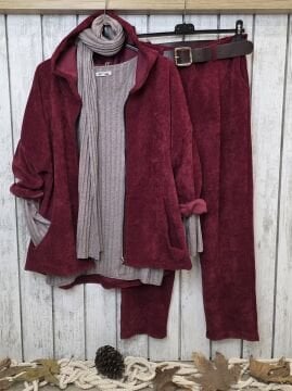 Kemerli Kadife Pantolon Bordo