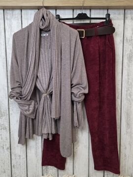 Kemerli Kadife Pantolon Bordo