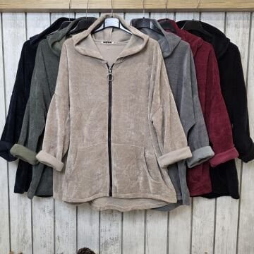 Haki Kapüşonlu Kadife Sweat Ceket