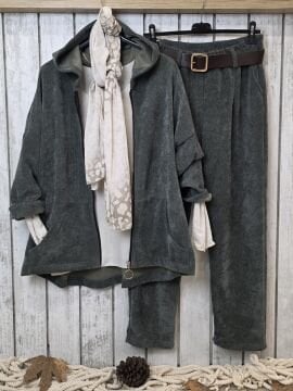 Haki Kapüşonlu Kadife Sweat Ceket