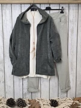 Haki Kapüşonlu Kadife Sweat Ceket