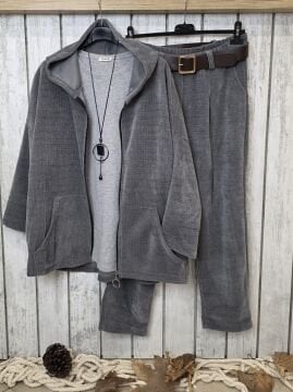 Gri Kapüşonlu Kadife Sweat Ceket
