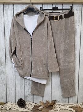 Bej Kapüşonlu Kadife Sweat Ceket