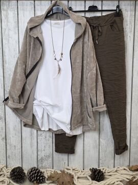 Bej Kapüşonlu Kadife Sweat Ceket