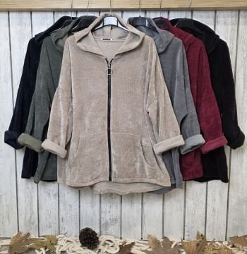 Lacivert Kapüşonlo Kadife Sweat Ceket