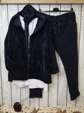 Lacivert Kapüşonlu Kadife Sweat Ceket