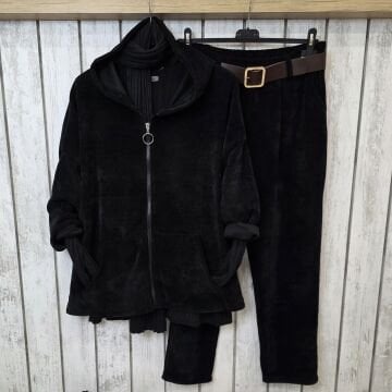 Siyah Kapüşonlu Kadife Sweat Ceket