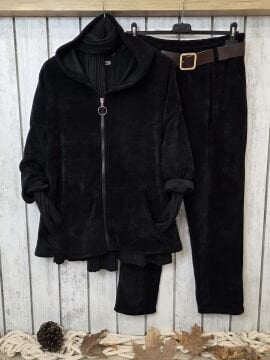 Siyah Kapüşonlu Kadife Sweat Ceket