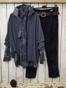 Fularlı İnce Triko İtalyan Bluz Lacivert