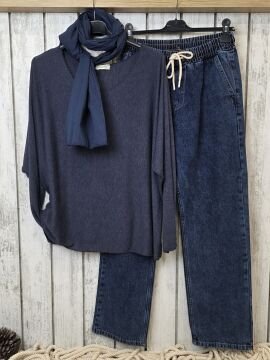 Fularlı İnce Triko İtalyan Bluz Lacivert