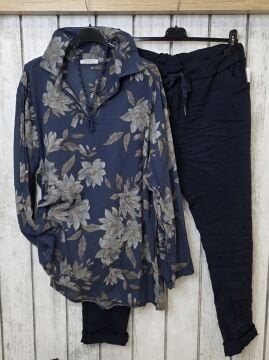 İnce Pamuklu İtalyan Gömlek Lacivert Desenli