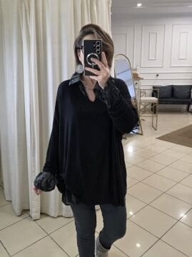 Düz Kesim V Yaka İtalyan Siyah Kazak