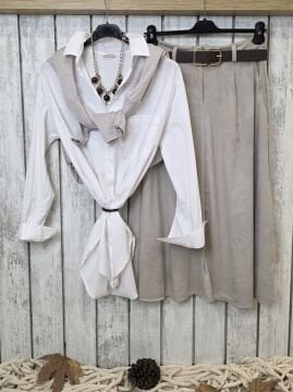 Kemerli Süet Bej Etek