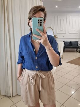 Kuşaklı İnce Keten Şort Bej