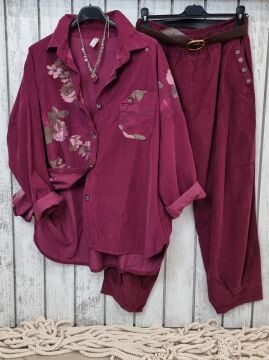 Desenli Kadife Gömlek Ceket Mürdüm