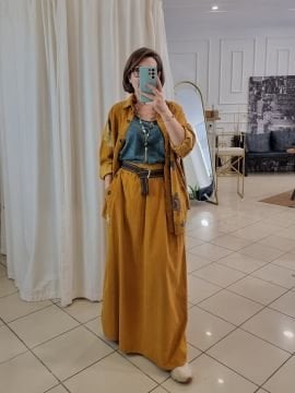 Desenli Kadife Gömlek Ceket Hardal