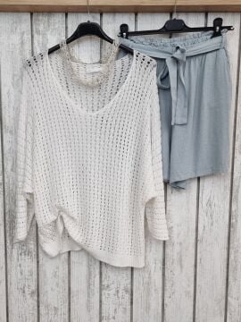 Kuşaklı İnce Keten Şort Mavi