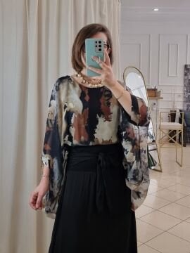 Oversize Desenli İpek Bluz Siyah