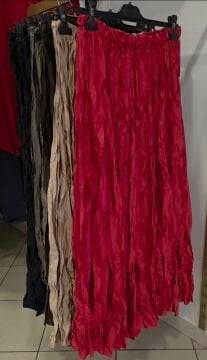 Kahverengi Buruşuk Doku Uzun Saten Etek