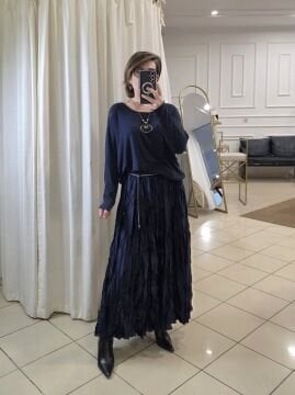 Lacivert Bürümcük Uzun Saten Etek