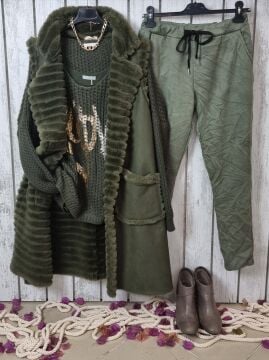 İçi Kürklü Uzun Nubuk Yelek Yeşil