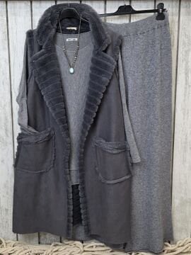 İçi Kürklü Uzun Nubuk Yelek Antrasit