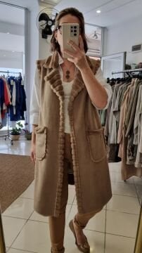 İçi Kürklü Uzun Nubuk Yelek Kahve