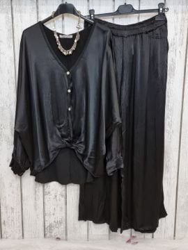 %100 Viskon Saten Pantolon Siyah