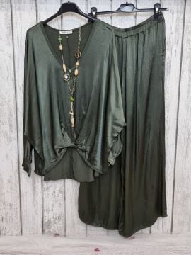 %100 Viskon Saten Pantolon Haki