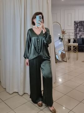 %100 Viskon Saten Pantolon Haki
