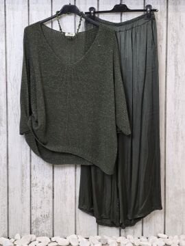 %100 Viskon Saten Pantolon Haki