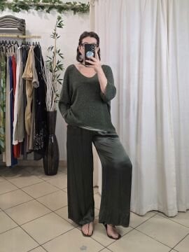 %100 Viskon Saten Pantolon Haki