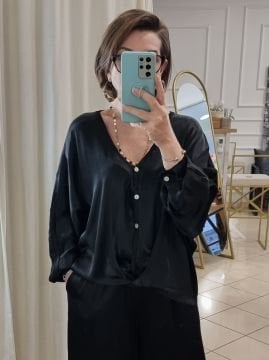 %100 Viskon Saten Gömlek Siyah
