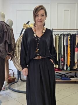 %100 Viskon Saten Gömlek Siyah