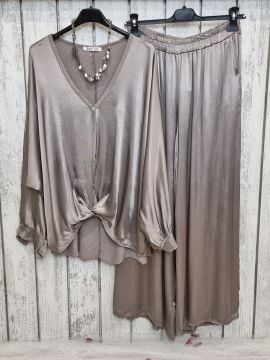 %100 Viskon Saten Gömlek Vizon