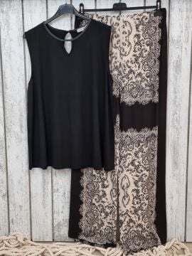 Şal Desen İnce Saten Pantolon Siyah