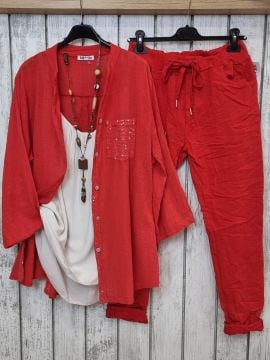 İtalyan Payetli %100 Pamuklu Kırmızı Gömlek