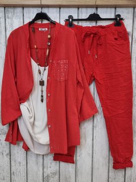 İtalyan Payetli %100 Pamuklu Kırmızı Gömlek