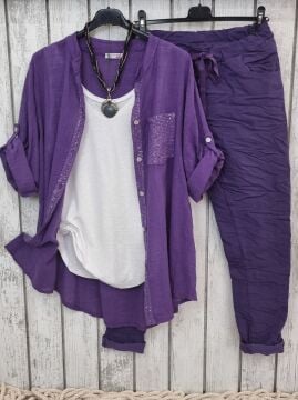 İtalyan Payetli %100 Pamuklu Mor Gömlek