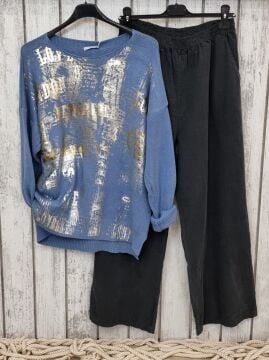 Kaşmir Karışımlı Varak Baskı Kazak Mavi