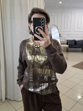 Kaşmir Karışımlı Varak Baskı Kazak Kahverengi