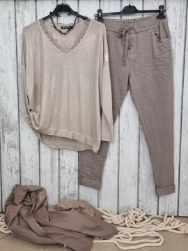 Gold Varaklı Triko Bluz Bej