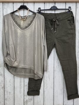 Gold Varaklı Triko Bluz Vizon