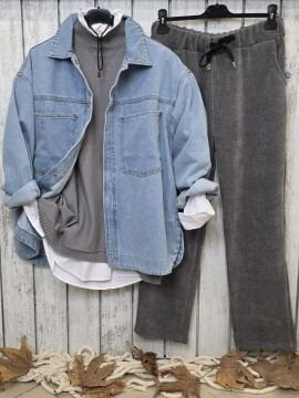 Oversize Pamuk Mavi Kot Ceket